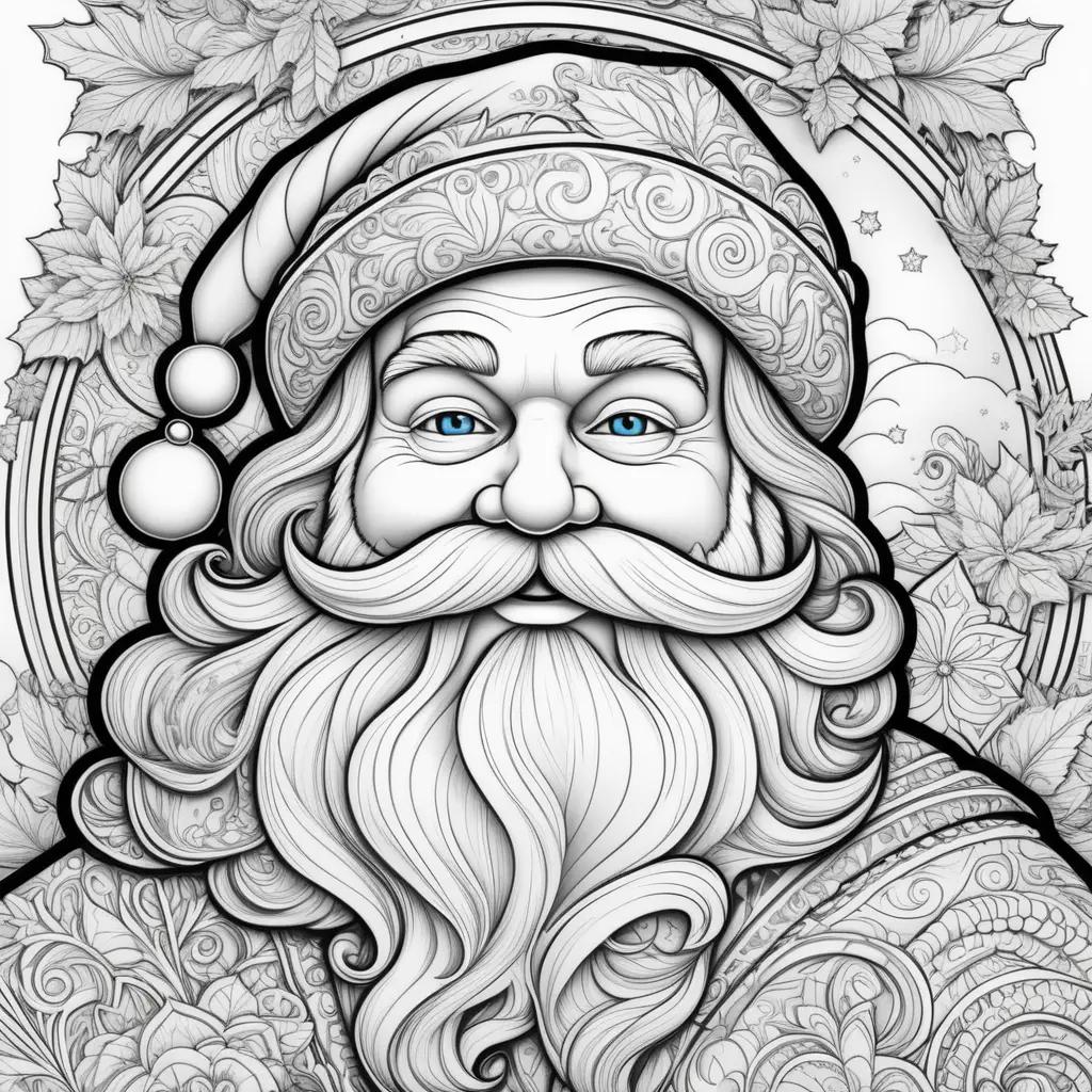 Santa Claus coloring page with a blue eye and a mustache