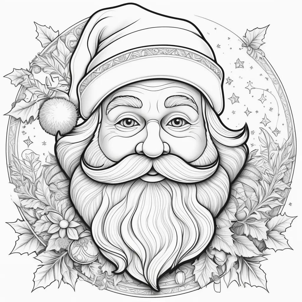 Santa Claus coloring page with stars and leaves