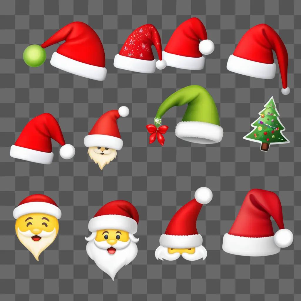 Santa Hat Emoji with various designs on a red background