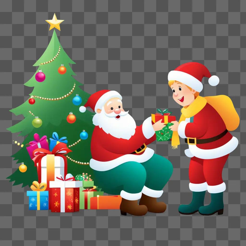 Santa and child with presents under Christmas tree