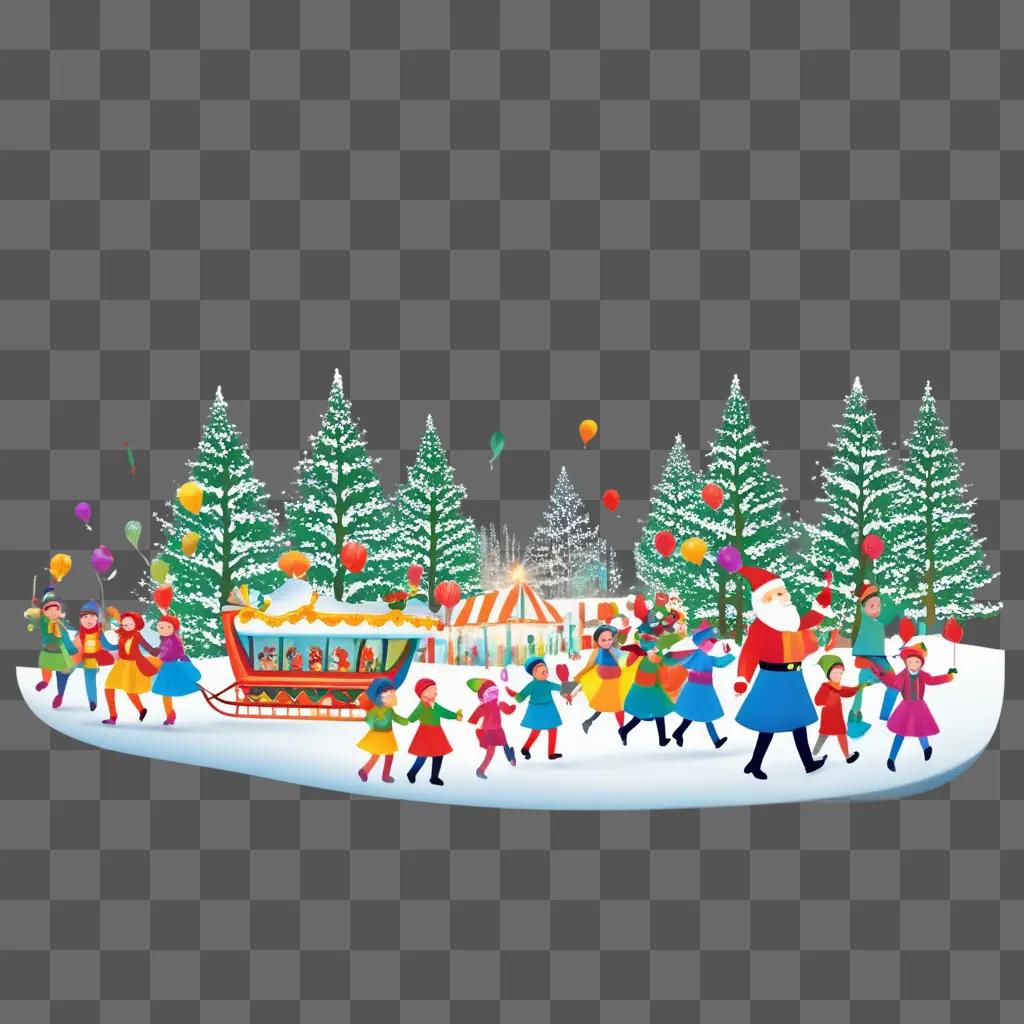 Santa and kids at a festive event with holiday transparent background