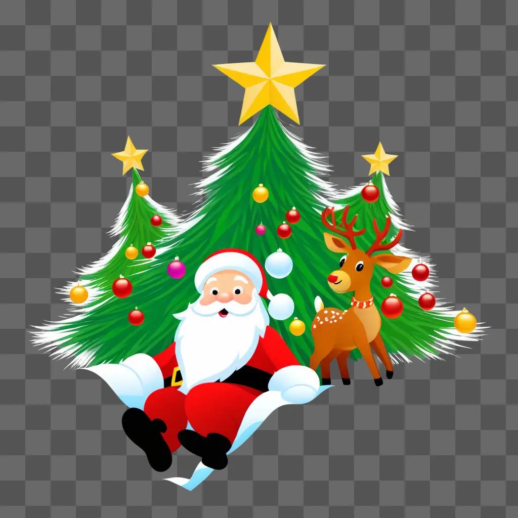 Santa and reindeer on Christmas tree in free clipart