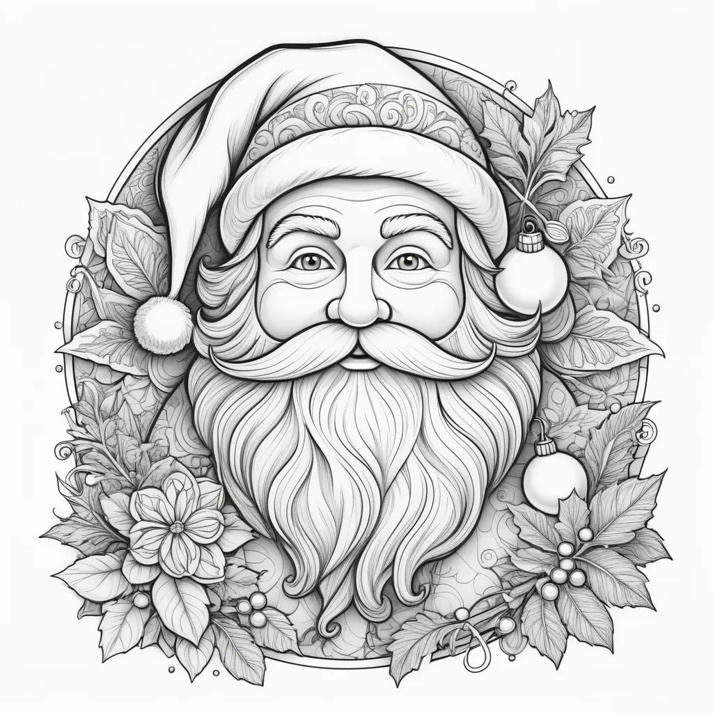 Santa coloring page features a beard, mustache, and hat