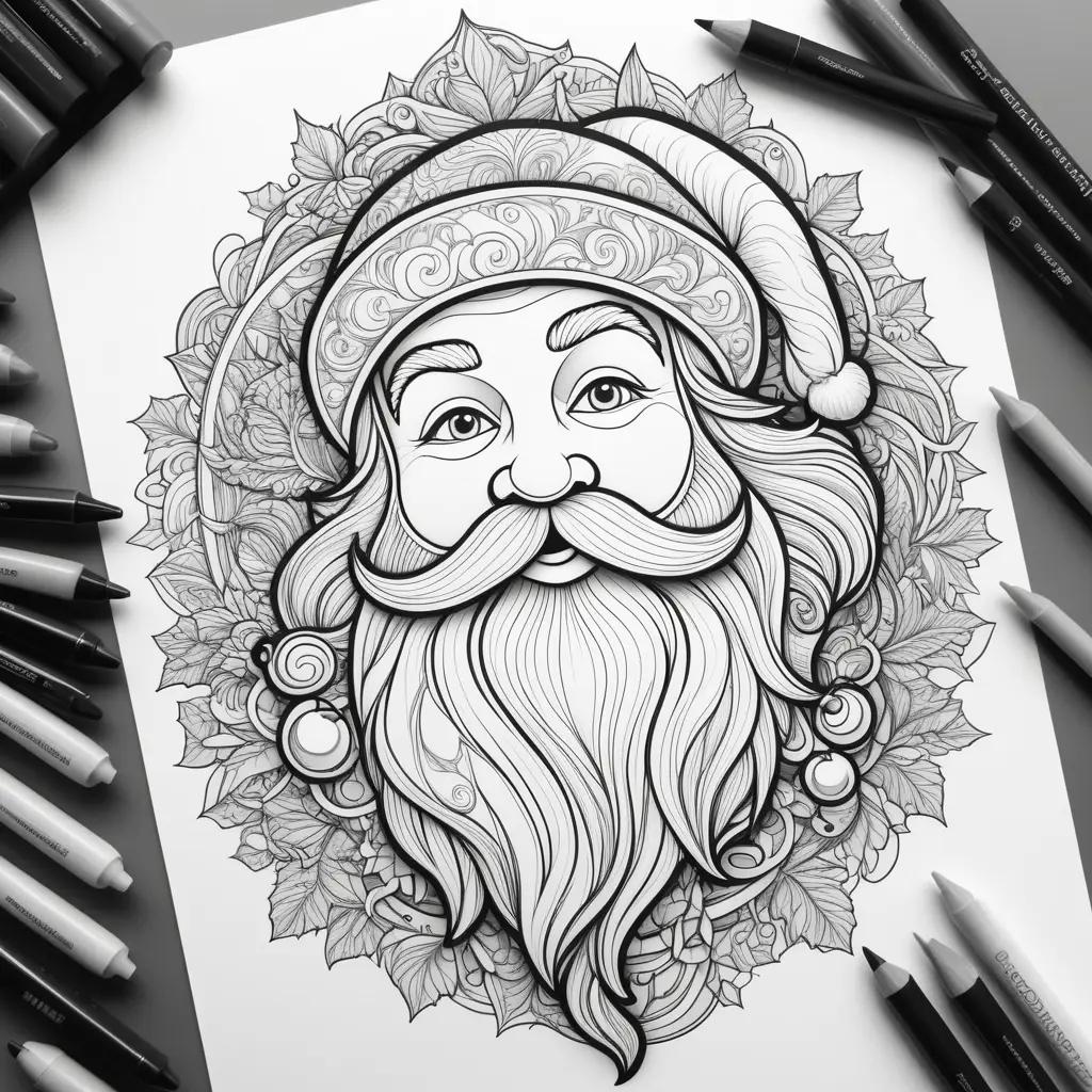 Santa coloring page surrounded by colored pencils