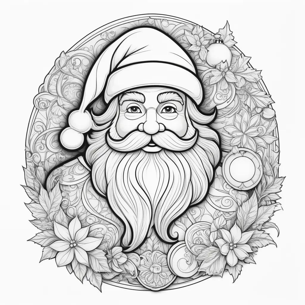 Santa coloring page with wreath and ornaments