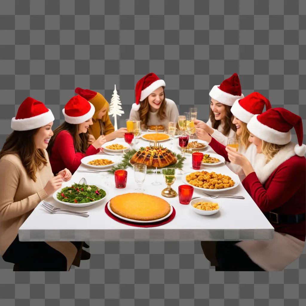 Santas feast with women in Santa hats