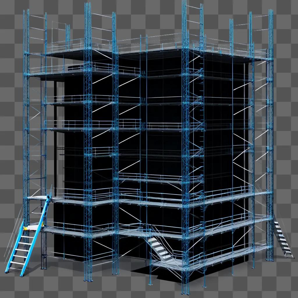 Scaffolding surrounds a large, dark building under construction