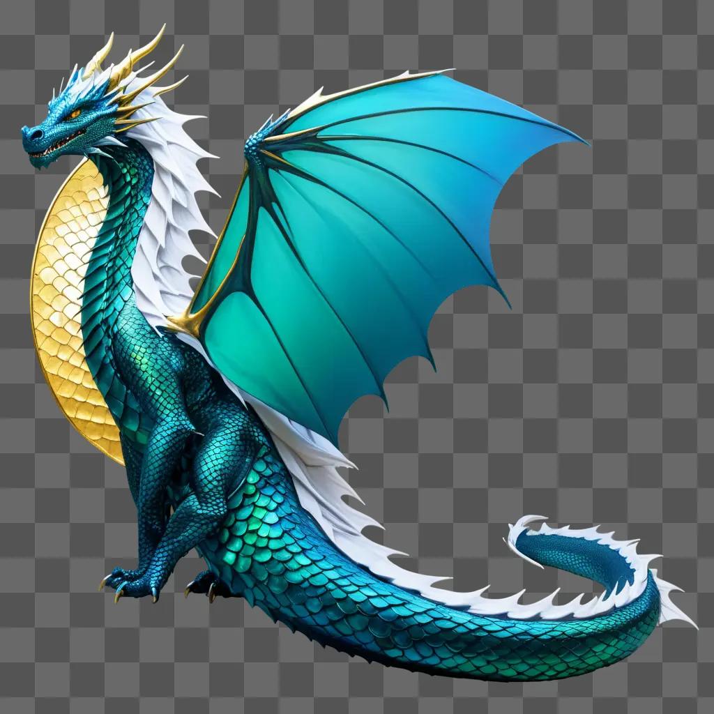 Scaled dragon with long, blue and gold wings