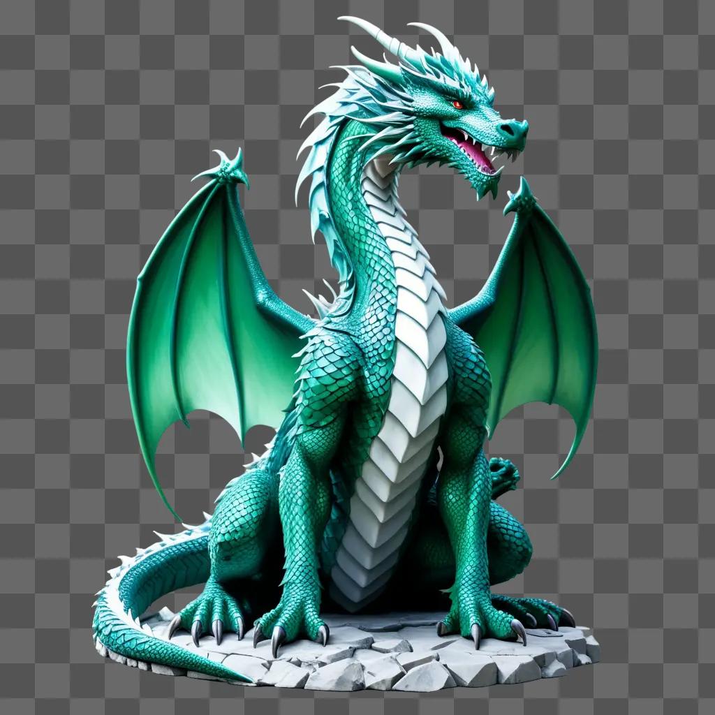 Scaled green dragon statue on a white base