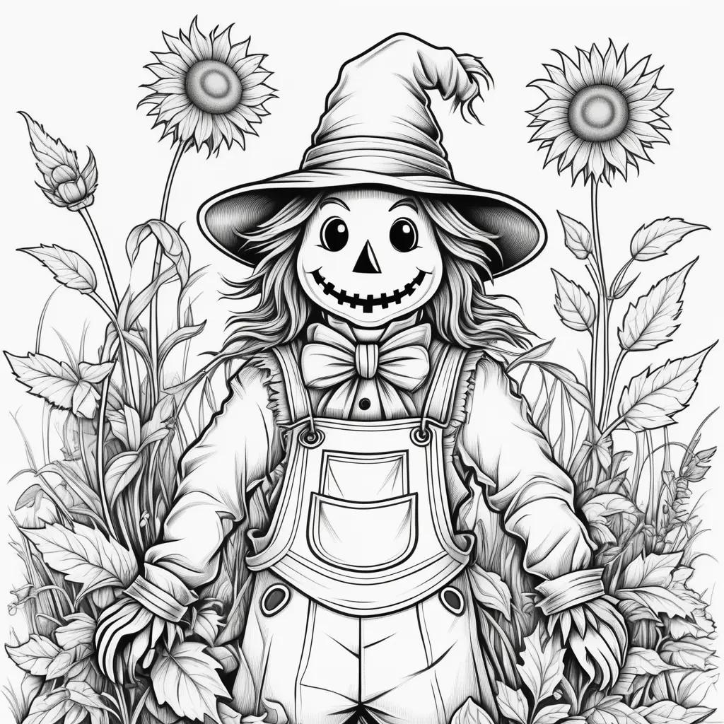 Scarecrow in a field with flowers and leaves