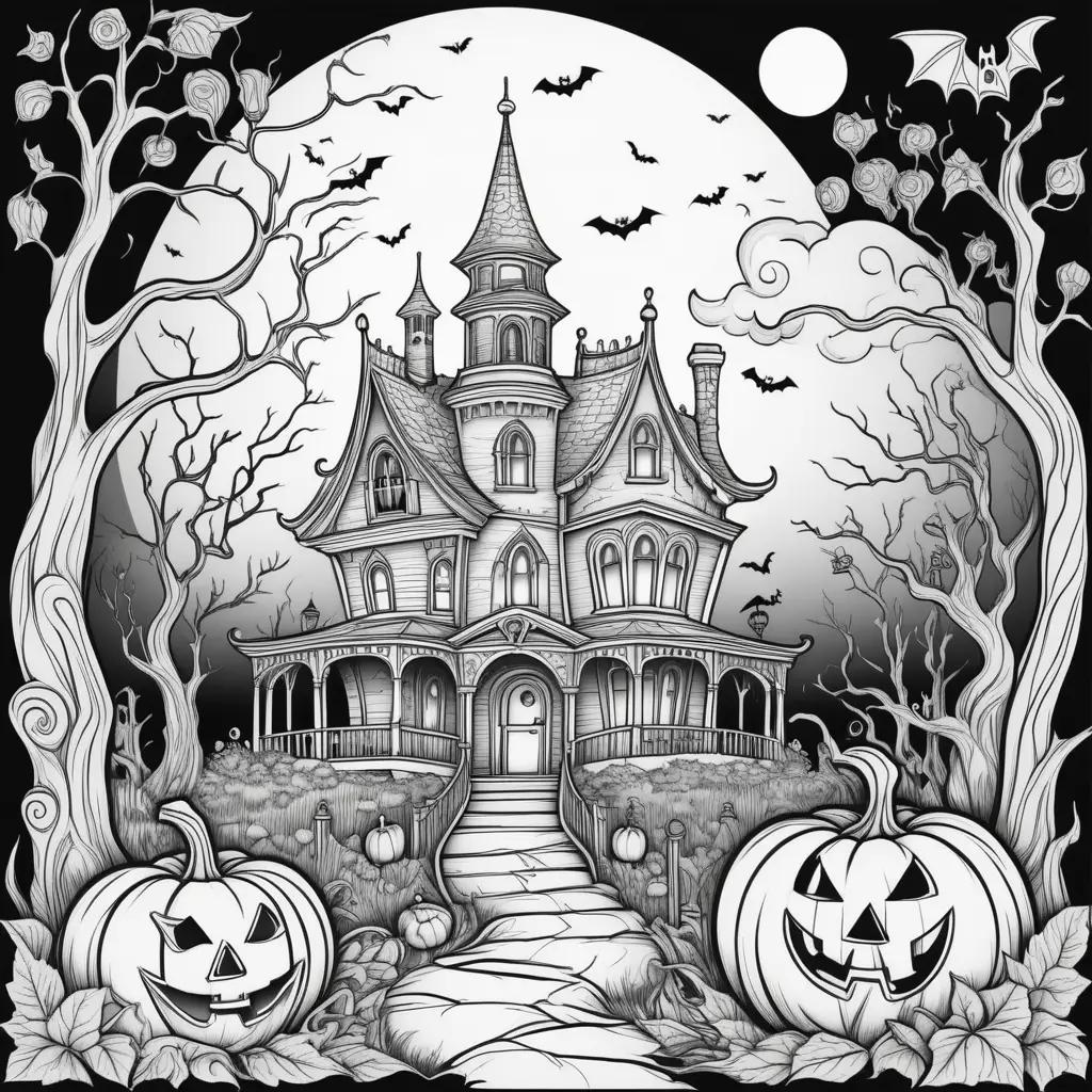 Scary Halloween Coloring Pages: A Haunted House, Pumpkins, and Bats