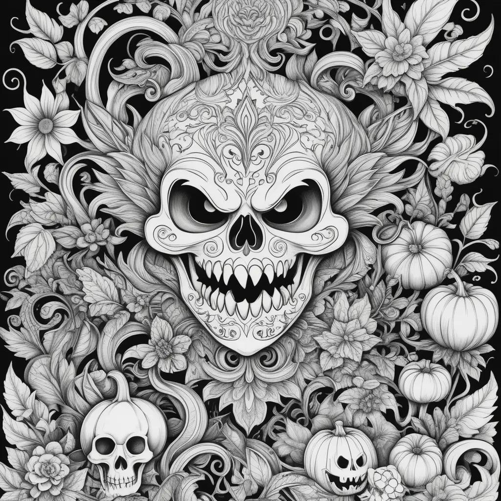 Scary Halloween coloring pages featuring skulls and pumpkins