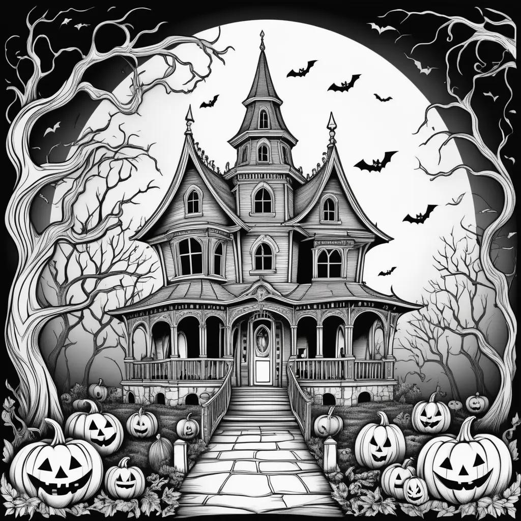 Scary Halloween coloring pages with a creepy house and pumpkins