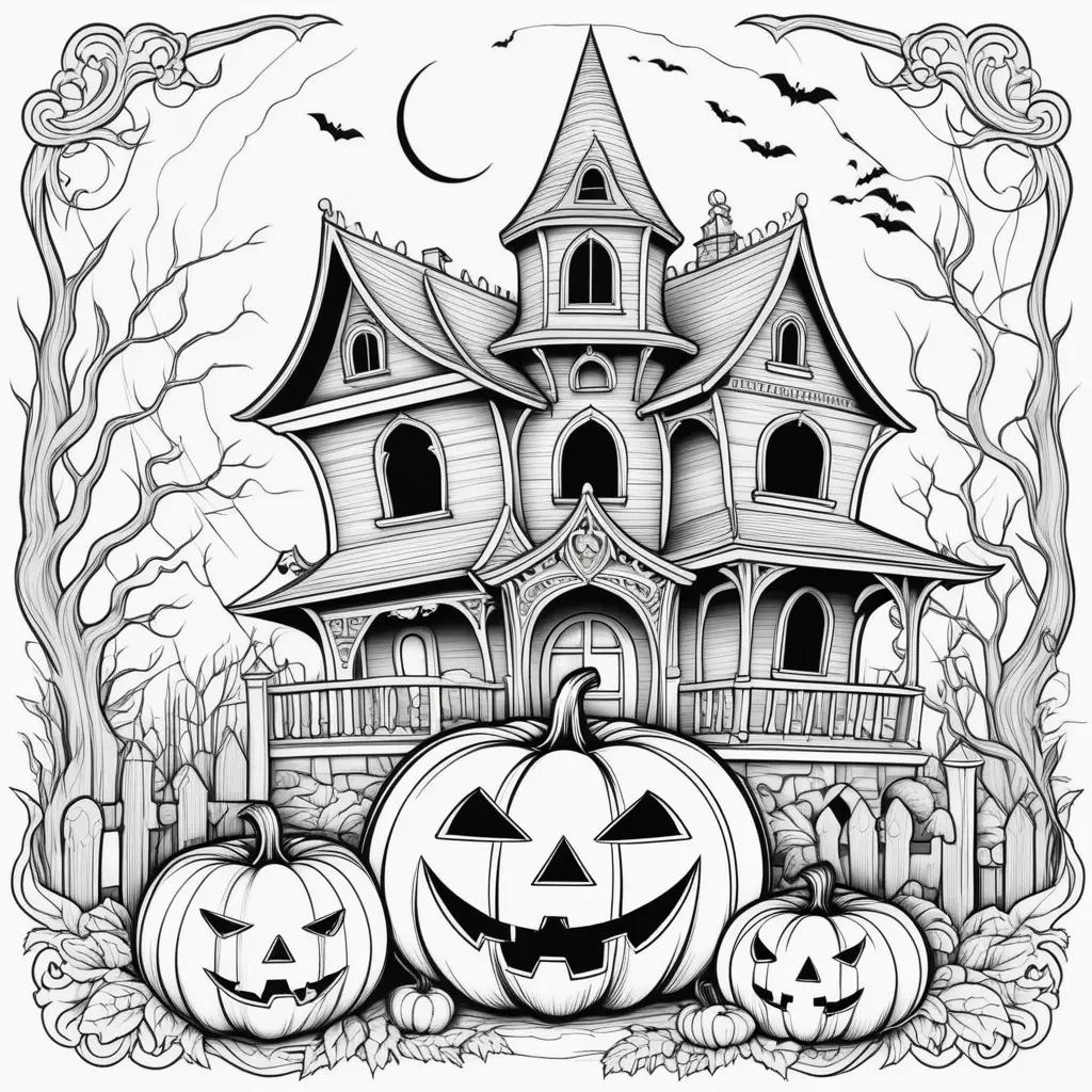 Scary Halloween coloring pages with pumpkins and a haunted house