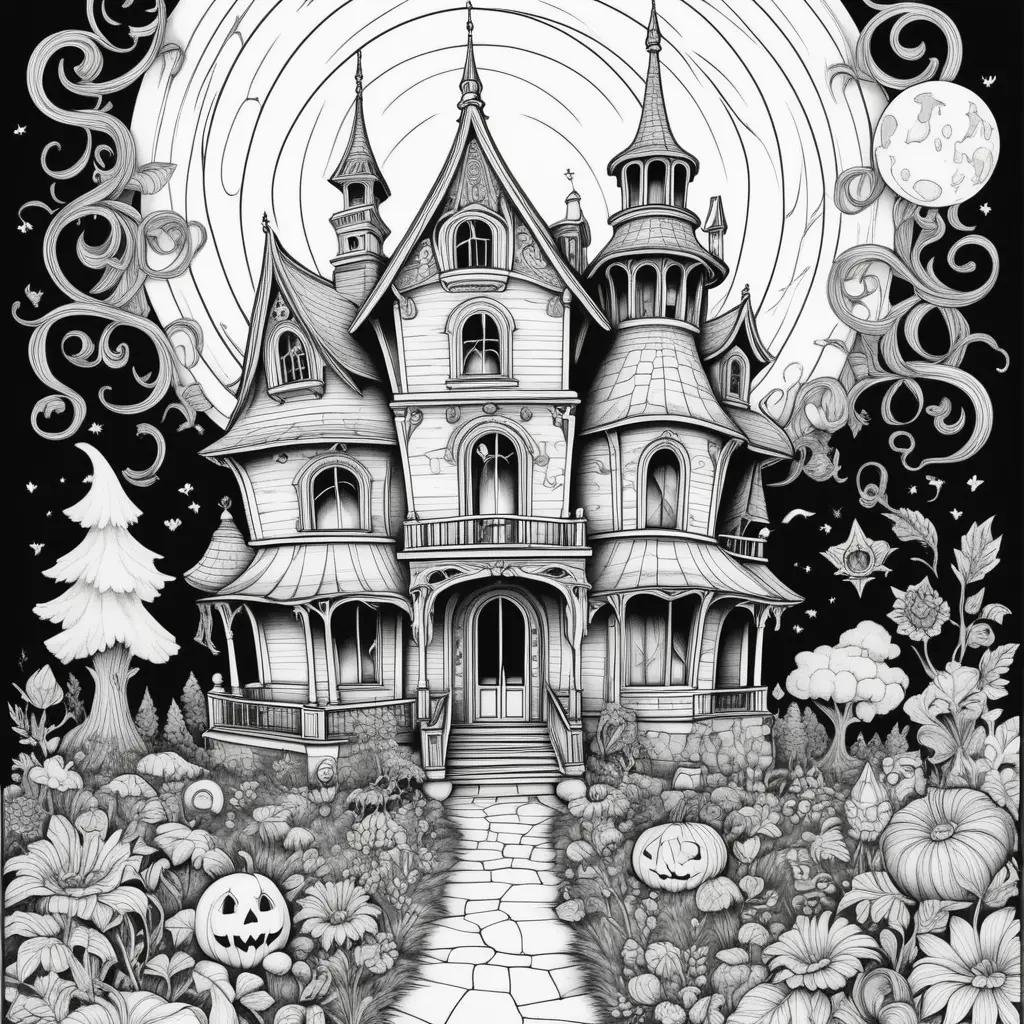 Scary coloring pages of a haunted house and pumpkin