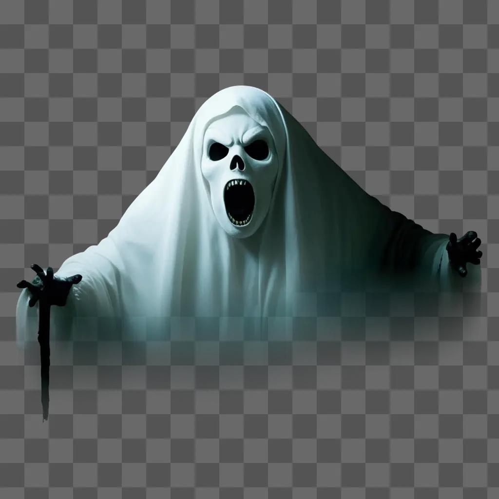 Scary ghost with mouth open and arms outstretched