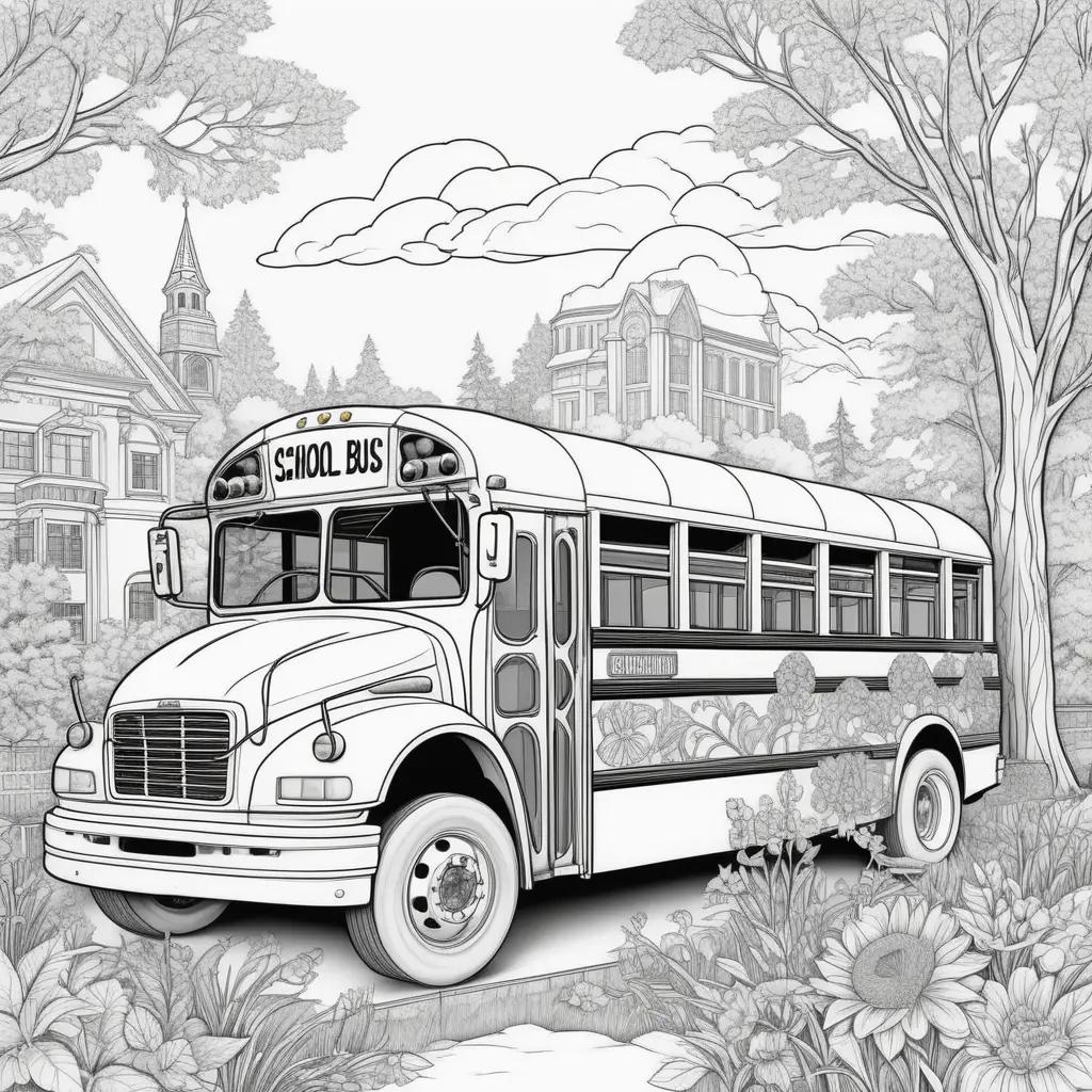 School Bus Coloring Page with Flowers and Houses