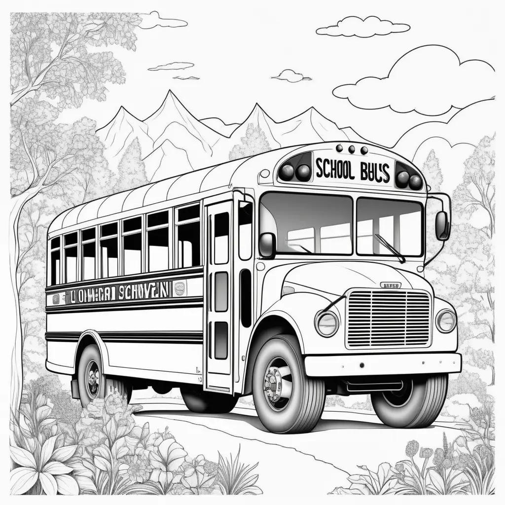 School Bus Coloring Page with Trees and Mountains