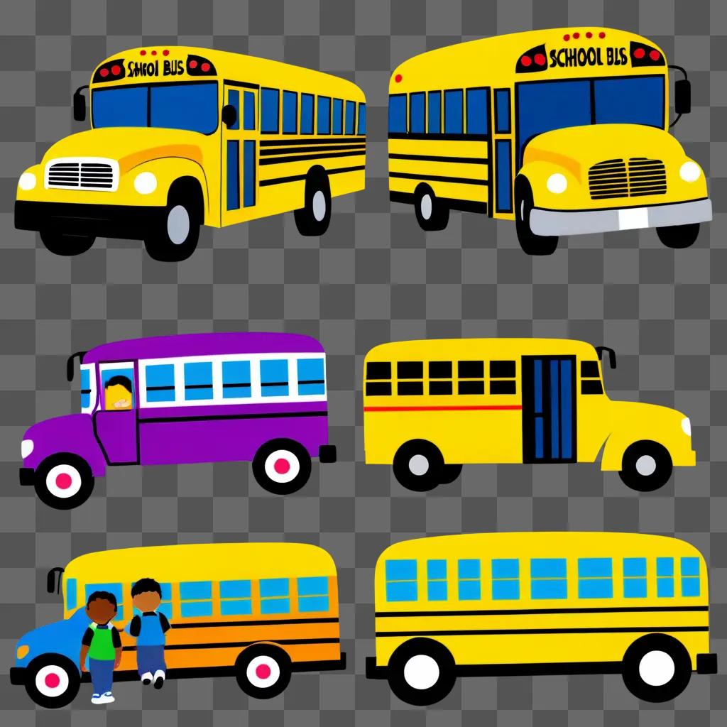 School bus clipart with various colors and designs