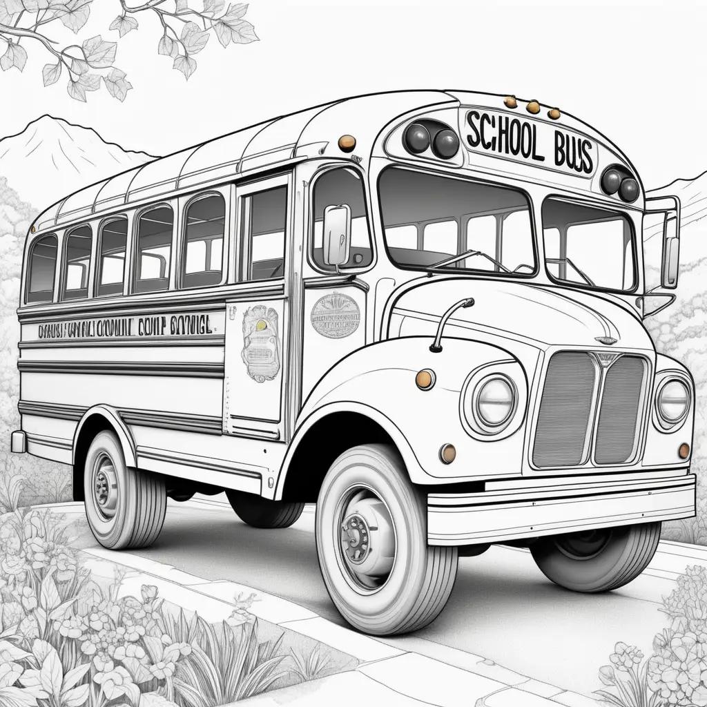 School bus coloring pages: vintage, black and white, road, flowers, illustration