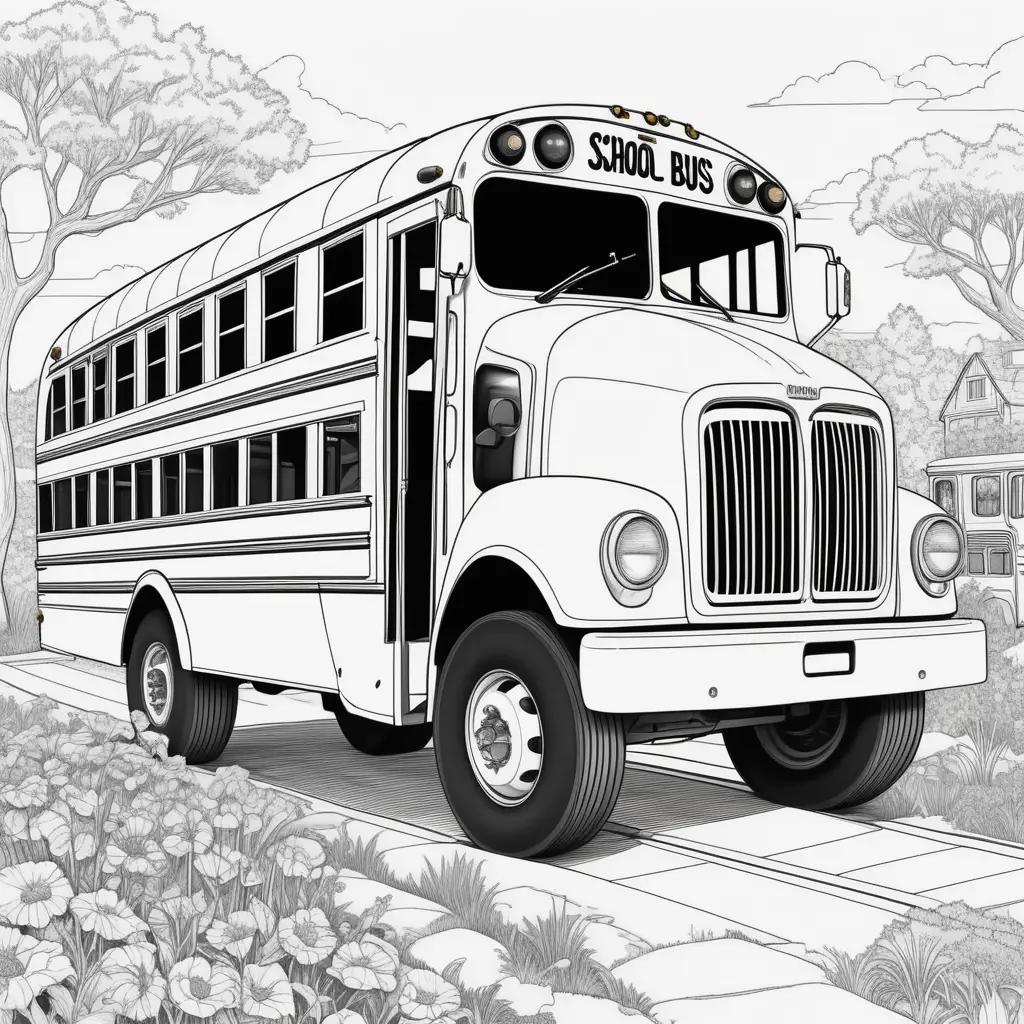 School bus coloring pages feature a vintage illustration of a school bus on a country road