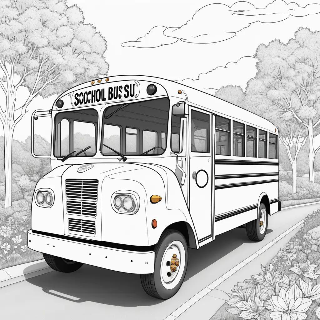 School bus coloring pages featuring a black and white illustration