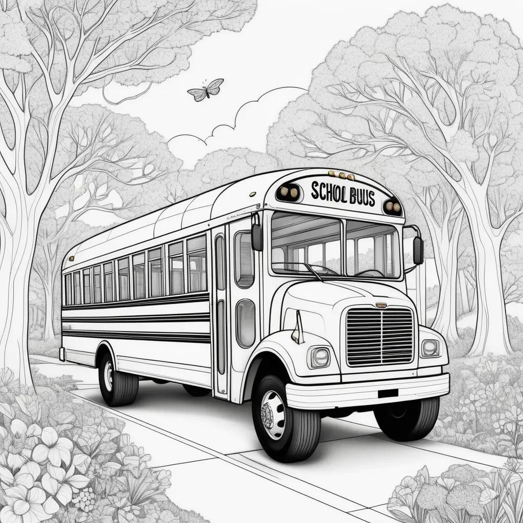 School bus coloring pages with flowers and butterflies