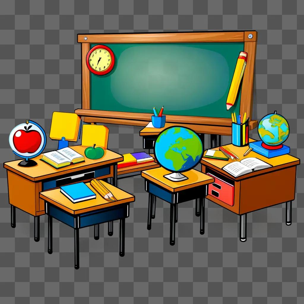 School classroom with clipart for teaching on chalkboard