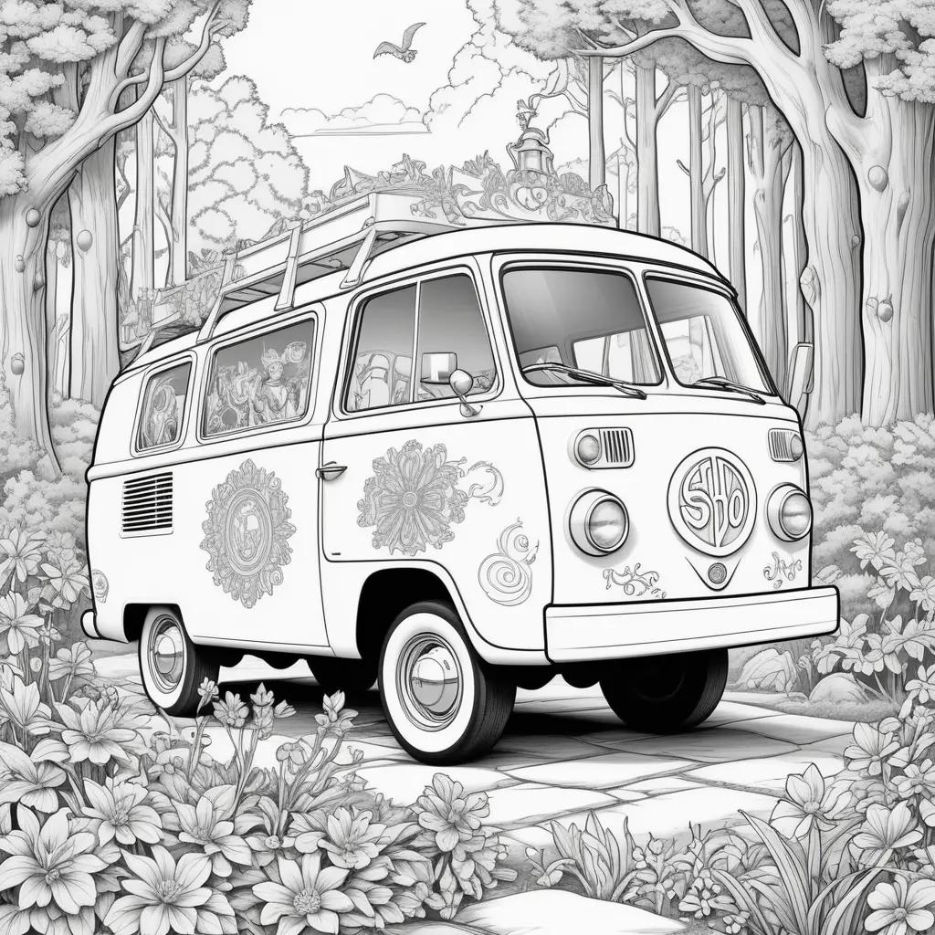 Scooby-Doo coloring page features a VW bus with a man on top and a flower garden