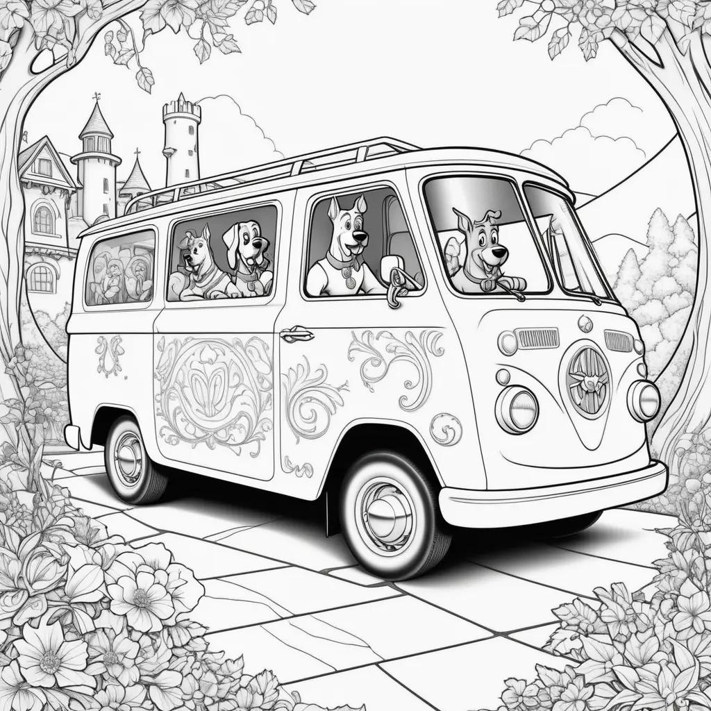 Scooby Doo coloring pages featuring a bus with dogs