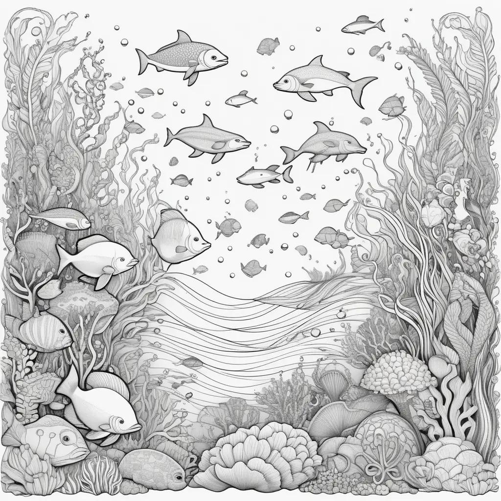 Sea animals coloring pages for children, sea creatures, fish, and coral