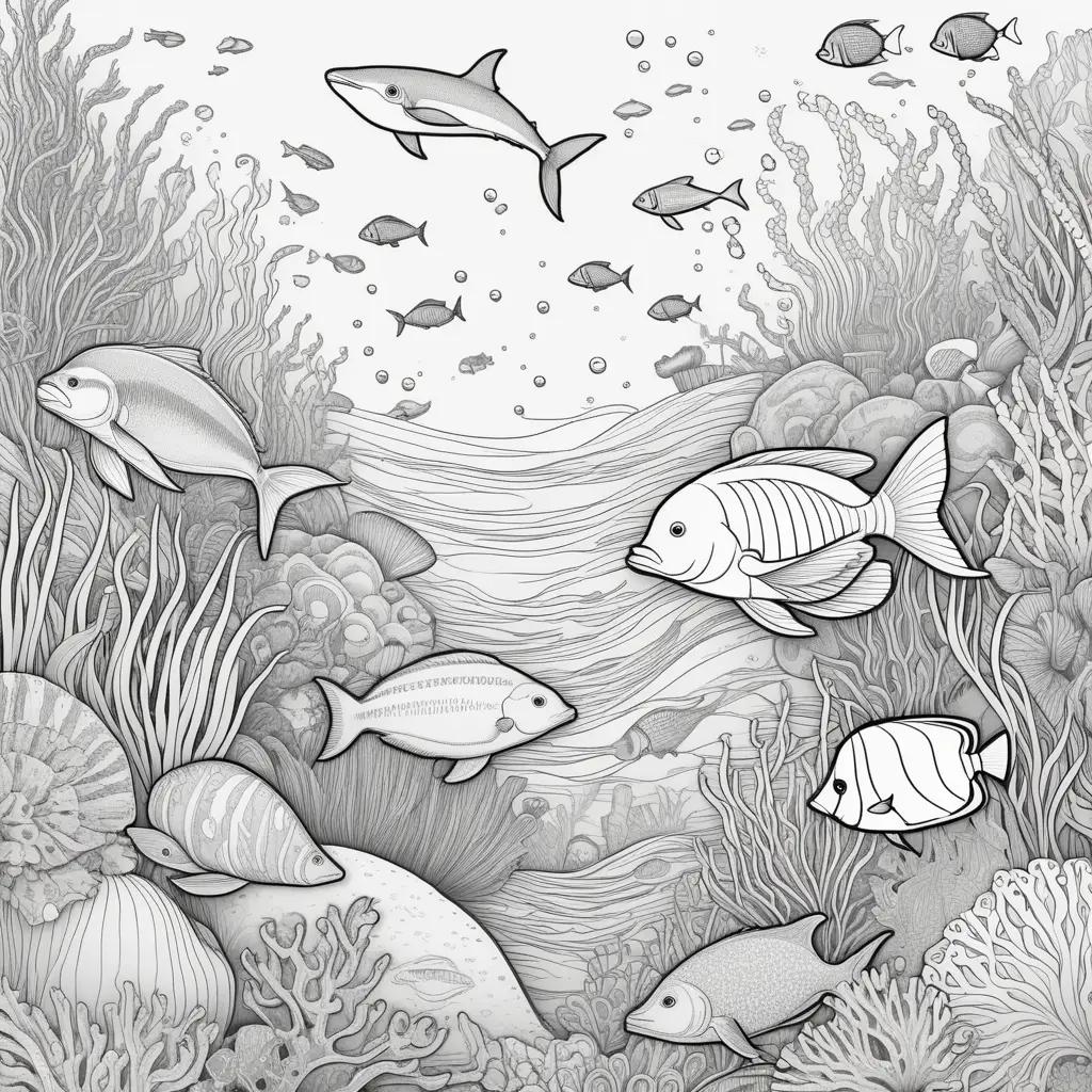 Sea animals coloring pages of fish, sharks and coral