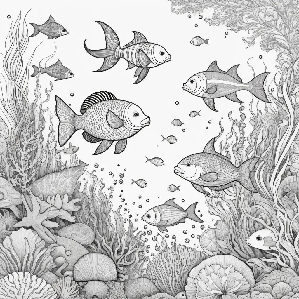 Sea animals coloring pages with fish, coral, and seaweed