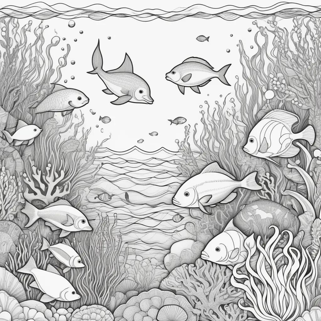 Sea animals coloring pages with fish, coral and seaweed