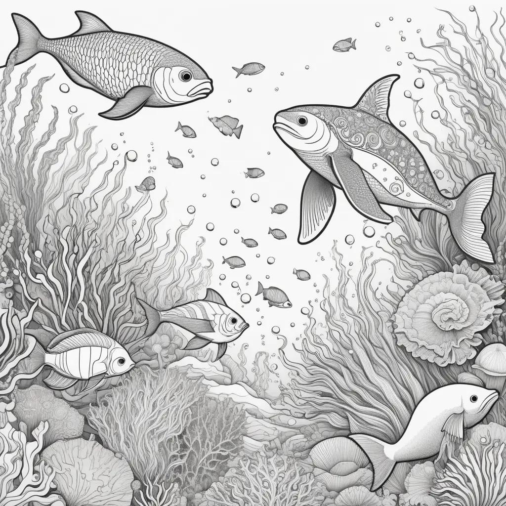 Sea creatures coloring pages featuring fish and seaweed