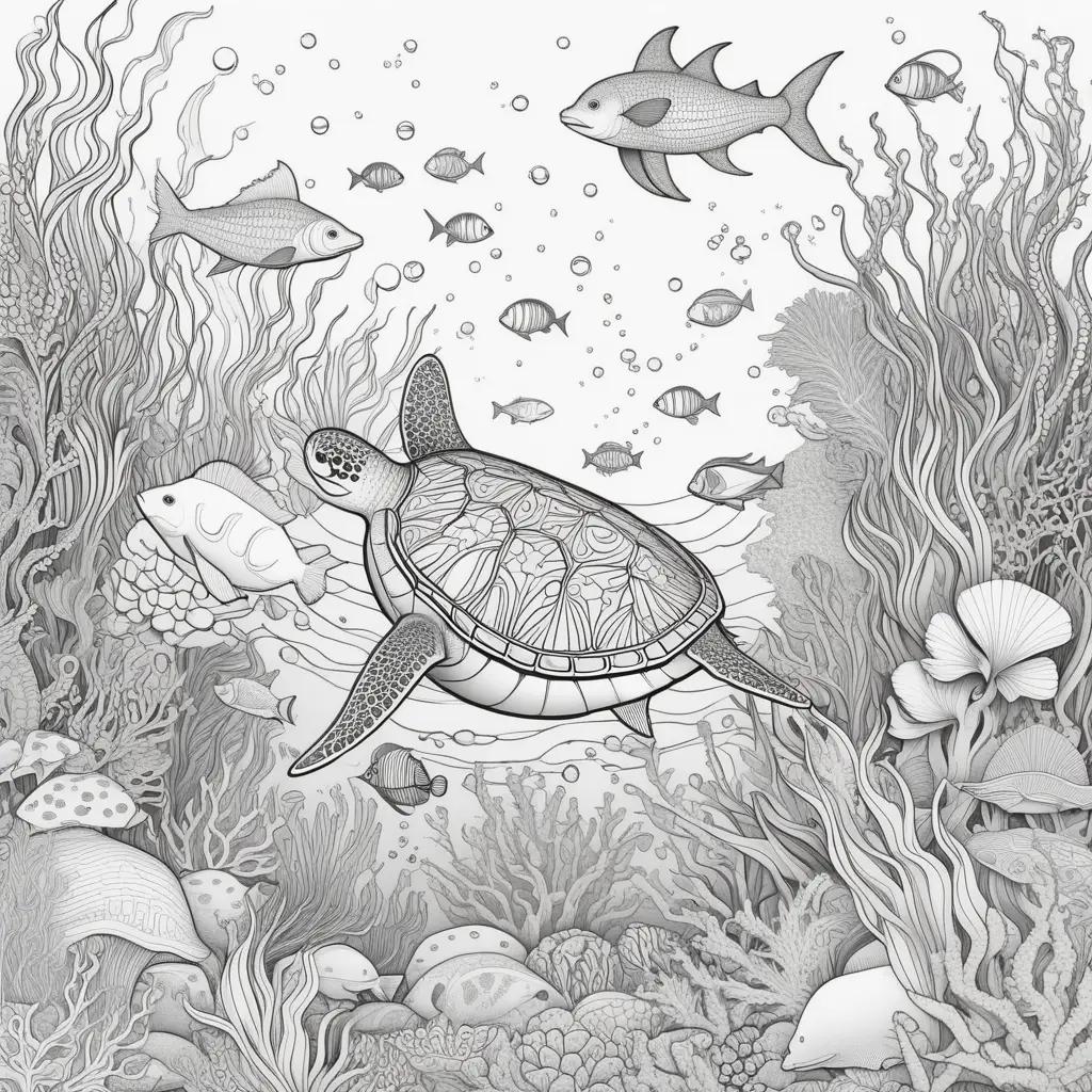 Sea creatures coloring pages with a turtle and fish