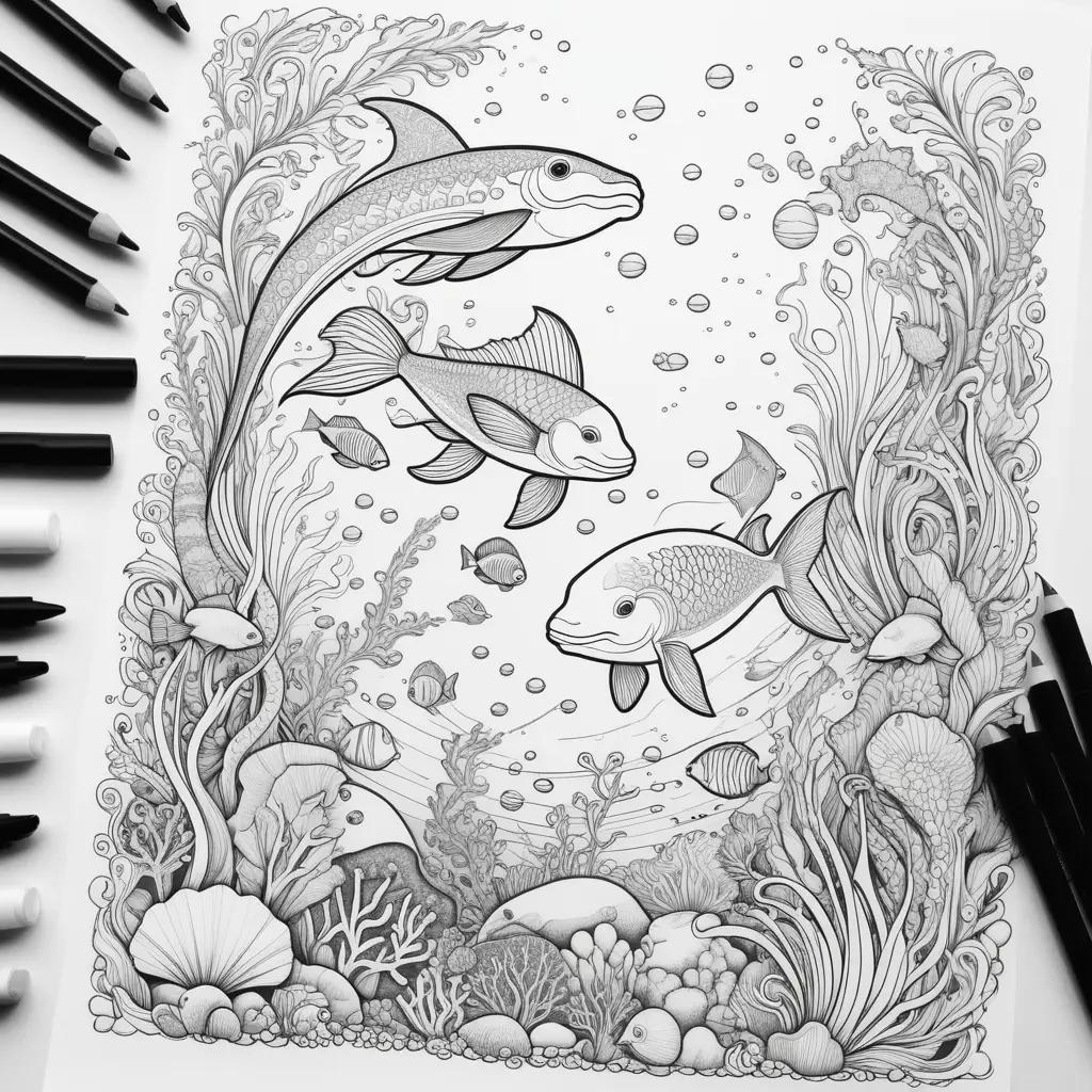 Sea creatures coloring pages with pencils and markers