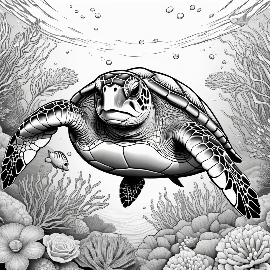 Sea turtle coloring page with bubbles and coral