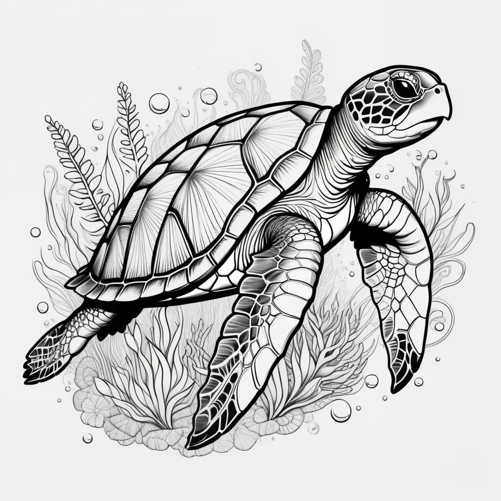 Sea turtle coloring page with bubbles and sea plants