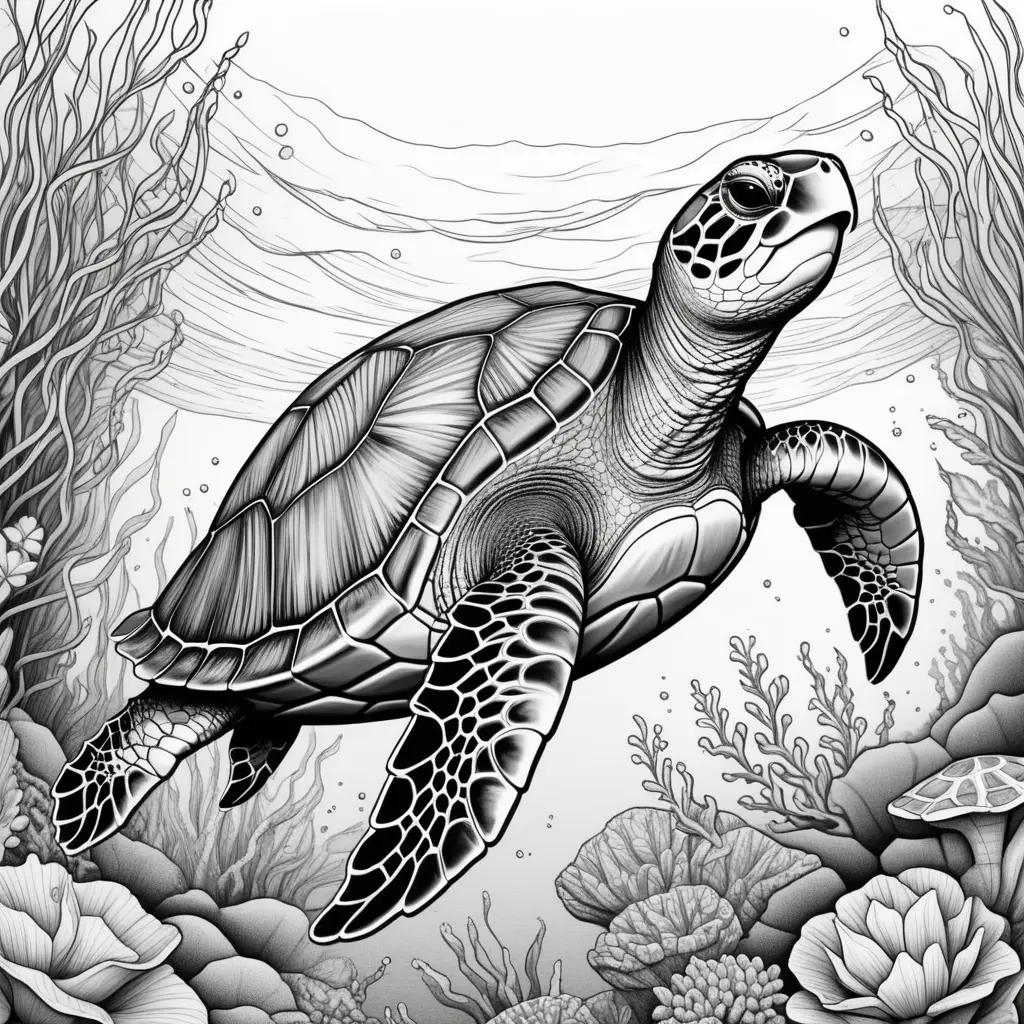 Sea turtle coloring page with coral reef and sea plants