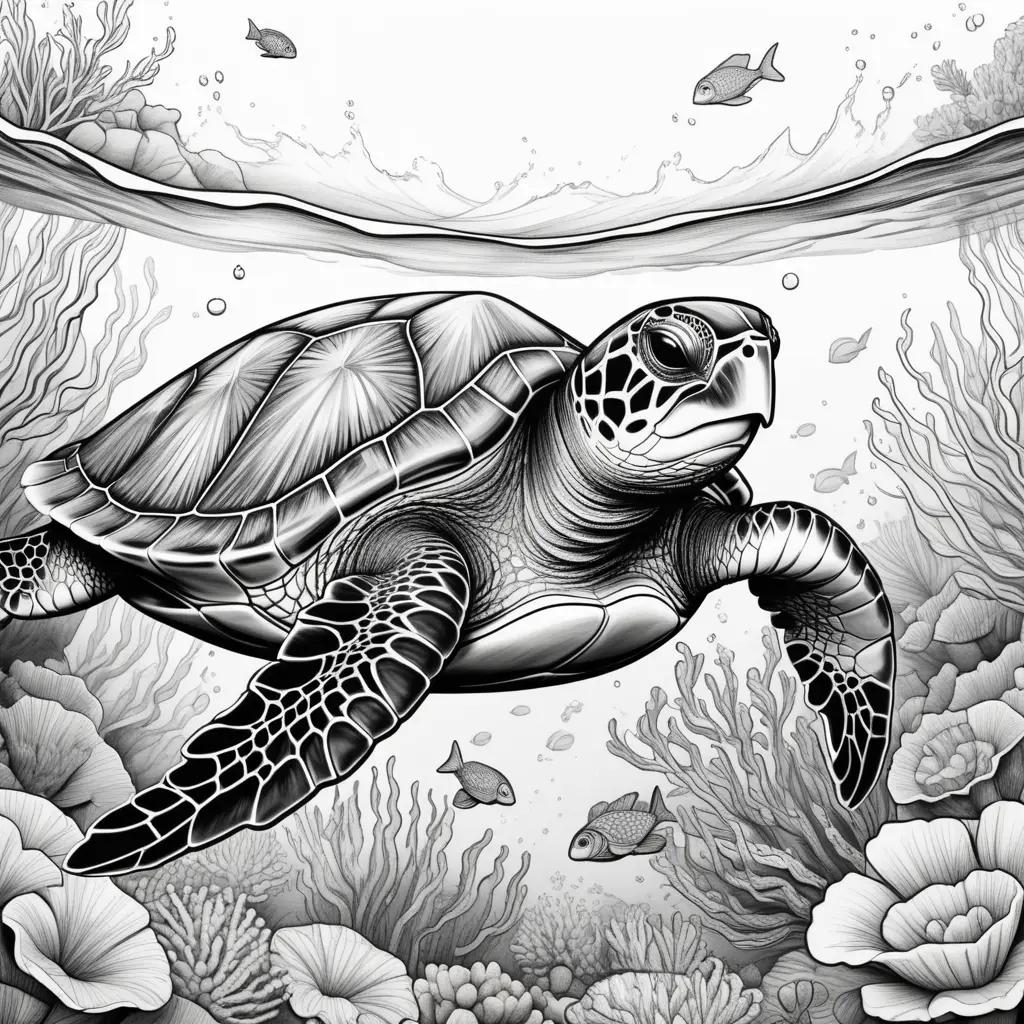 Sea turtle coloring page with fish and coral