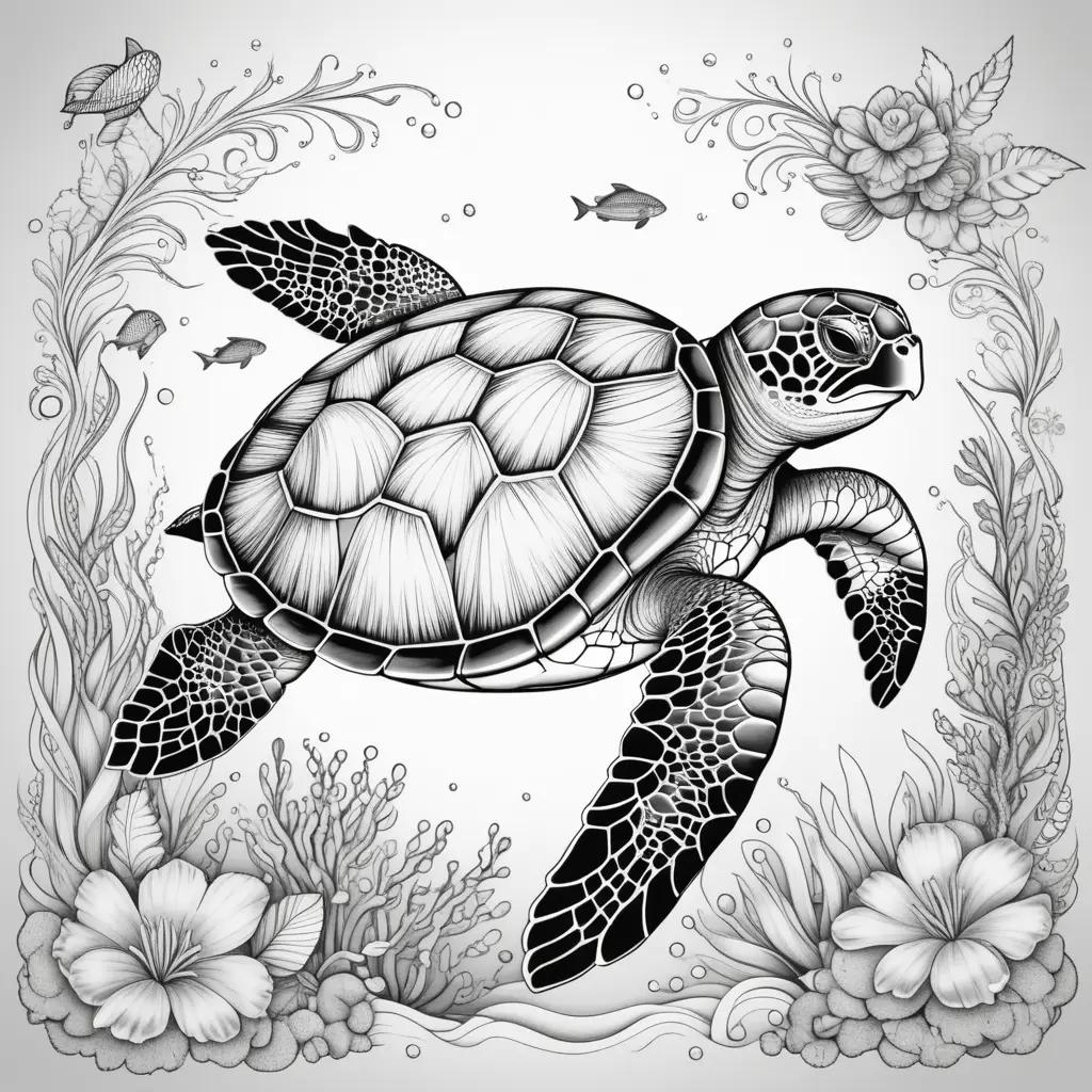 Sea turtle coloring page with ocean and sea plants