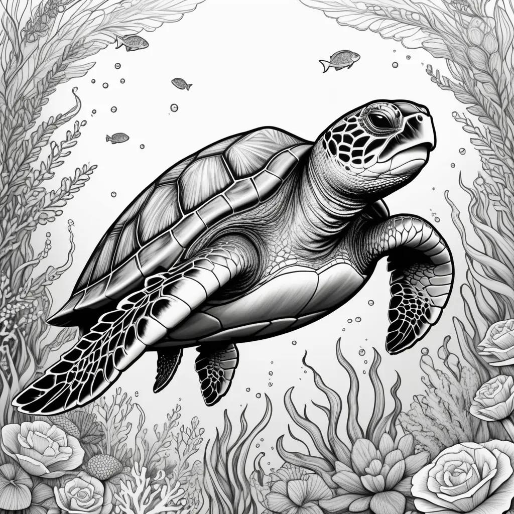 Sea turtle coloring page with ocean scene