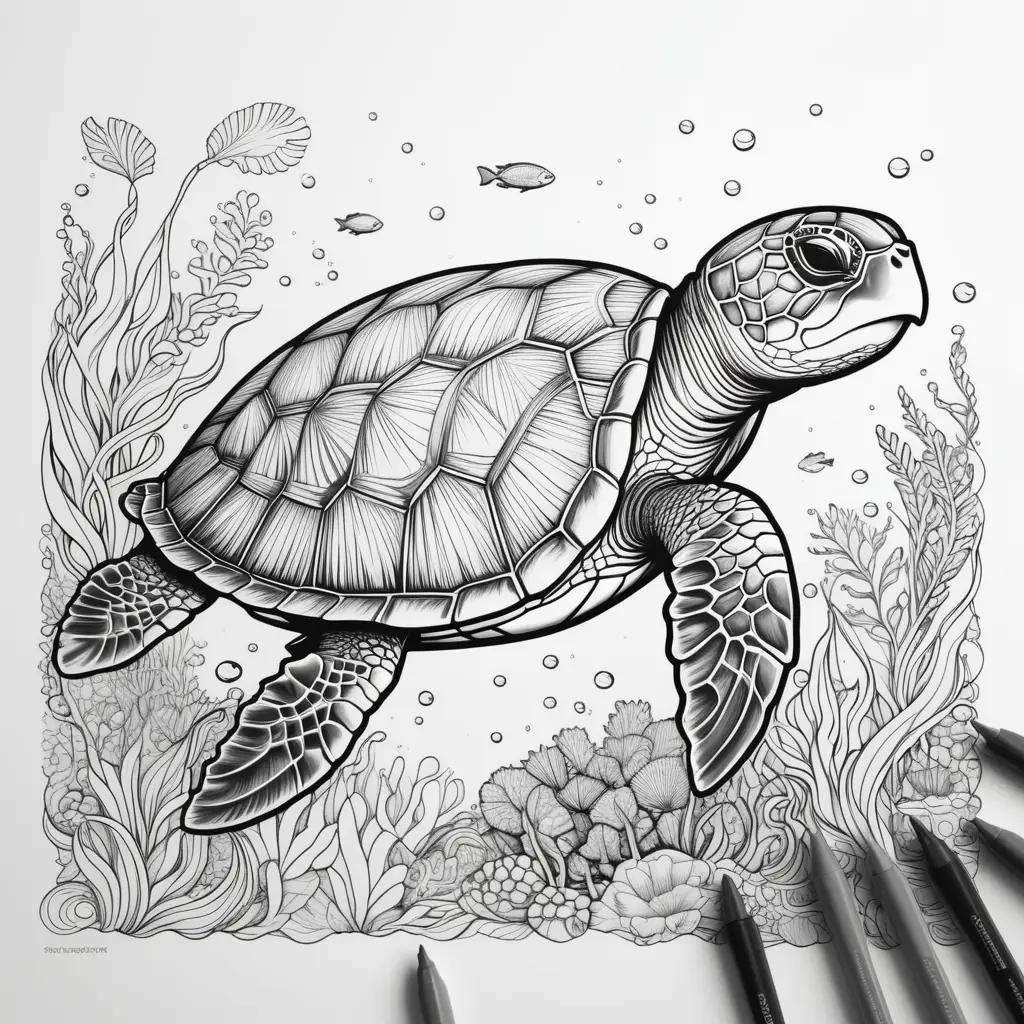 Sea turtle coloring page with pencil and watercolor effects