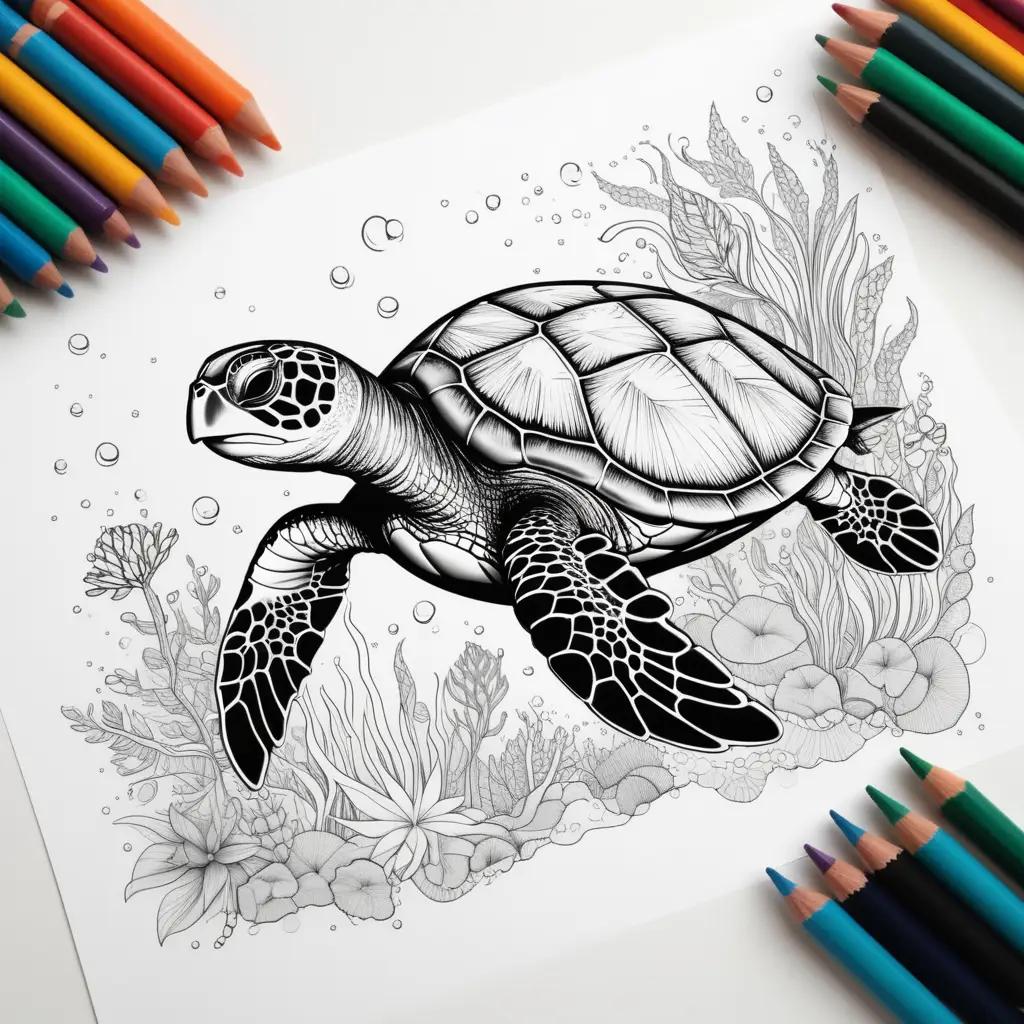 Sea turtle coloring page with pencils and coloring materials