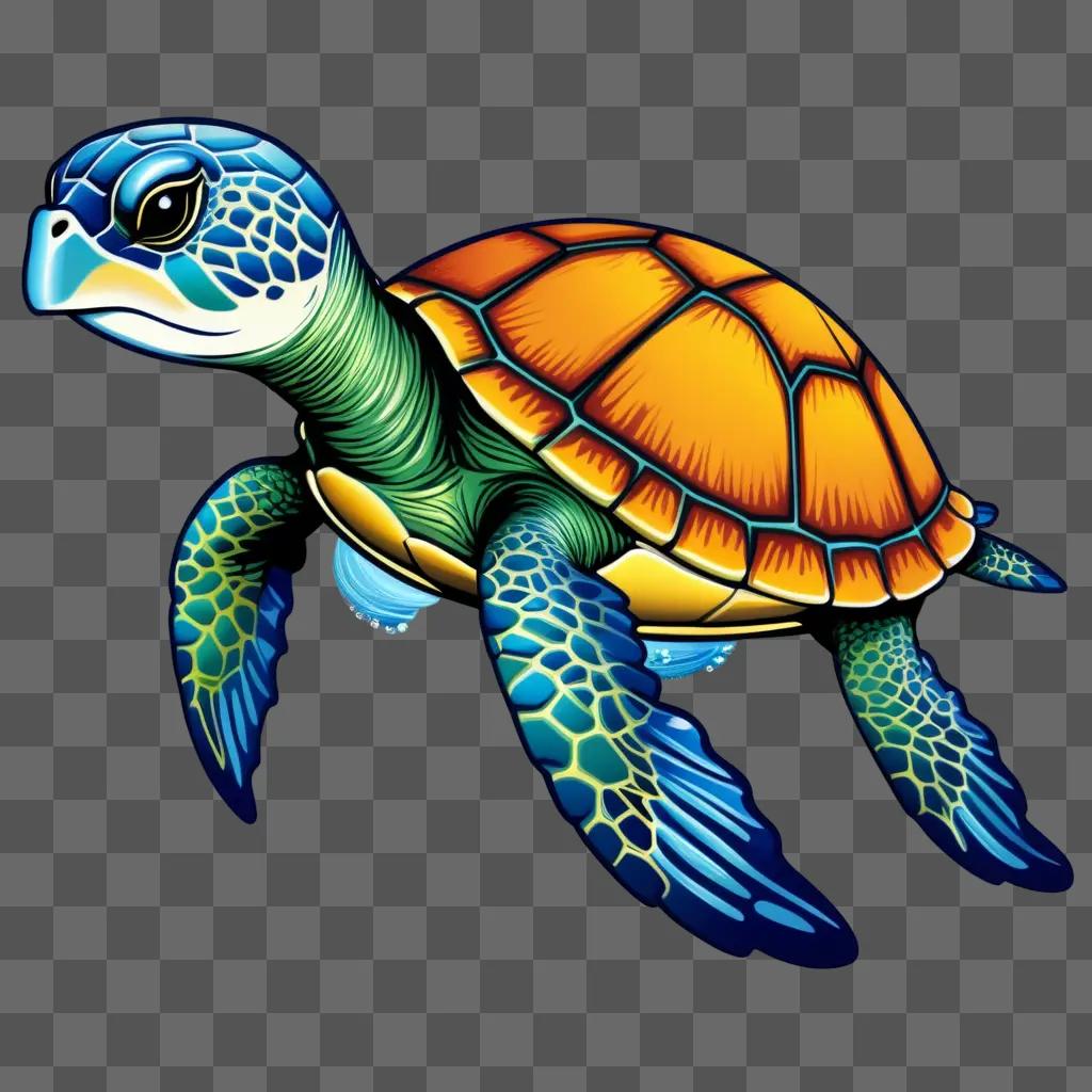 Sea turtle with blue and orange colors on a dark background