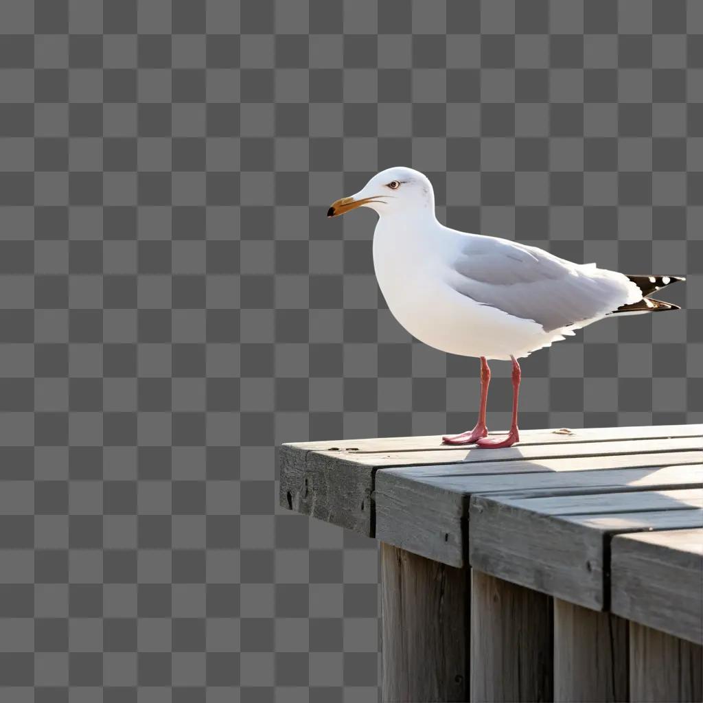 Seagull stands on wooden ledge with white glow behind it