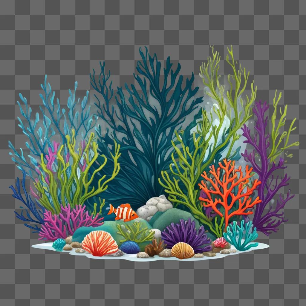 Seaweed, fish, and coral in an underwater scene