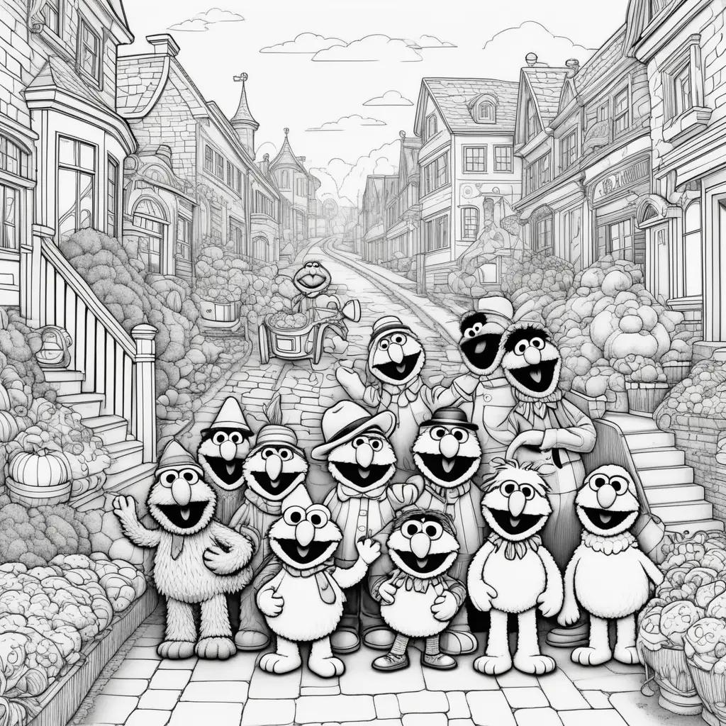 Sesame Street Coloring Pages: A group of characters on a street scene