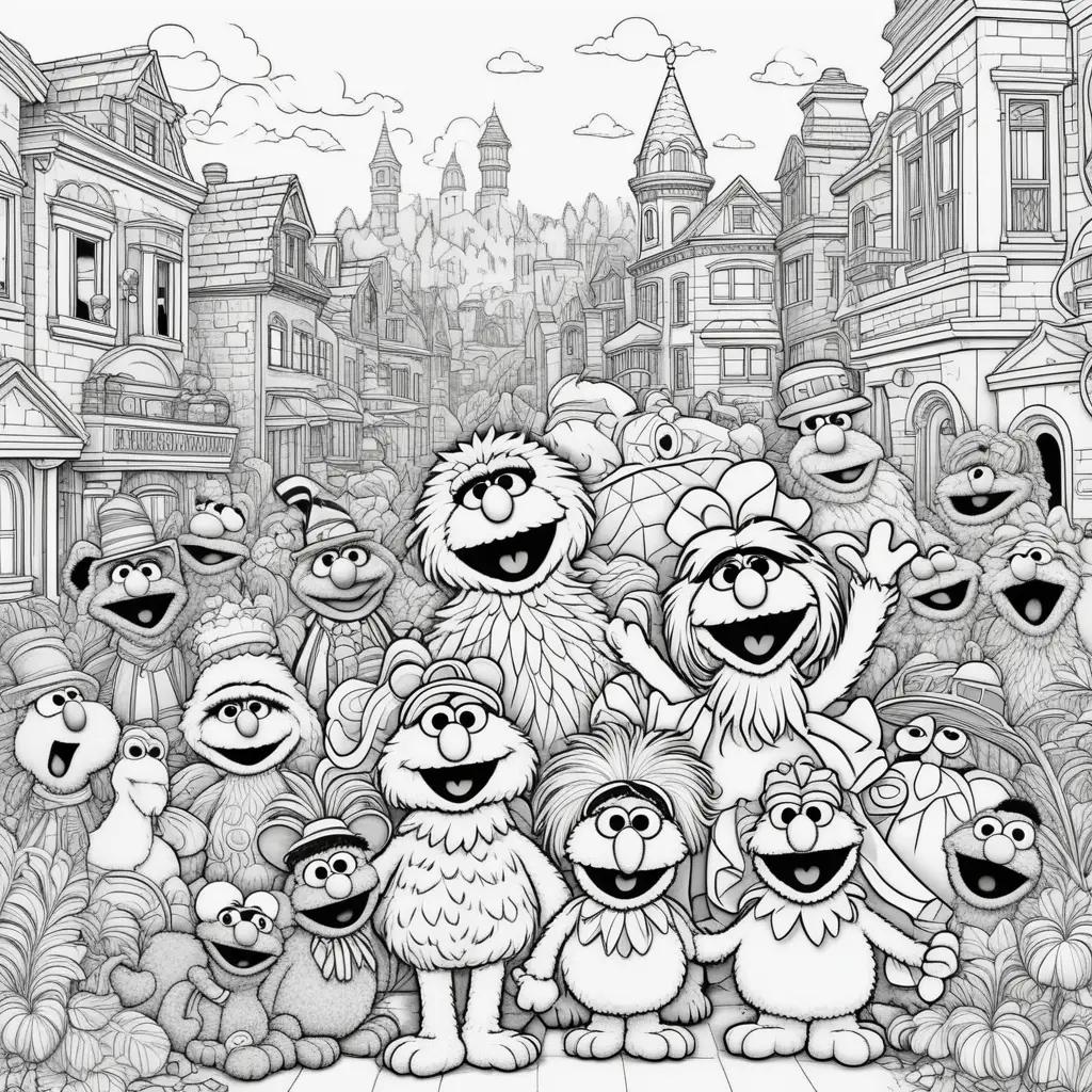 Sesame Street coloring page with black and white characters